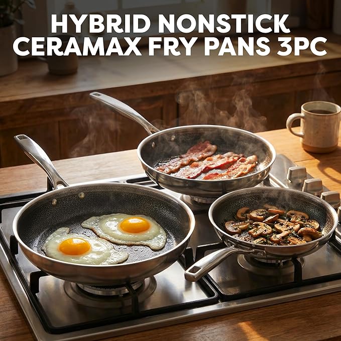 Gotham Steel Hybrid 3pc Frying Pan Set, Stainless Steel Ceramic Nonstick, 8 10 12 inch, Induction Ready, PFAS/PFOA Free, Oven & Dishwasher Safe - Black