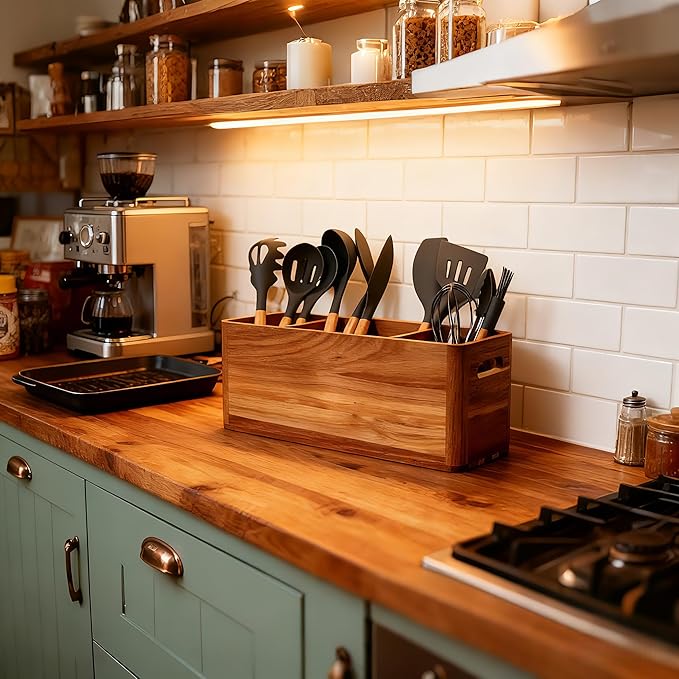 Acacia Wood Utensil Holder: Extra Large Utensil Organizer - 4 Compartment Kitchen Utensil Organizer for Countertop Or Wall