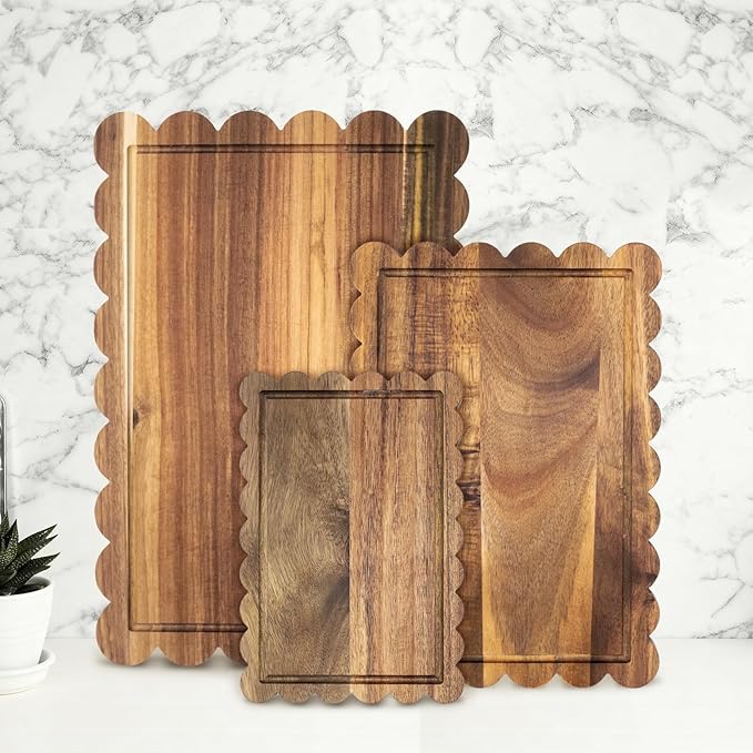 3 Pcs Acacia Wood Scalloped Cutting Board Set, Decorative Cutting Boards Bread Charcuterie Board for Grandmillenial Cottagecore Kitchen Decor Cheese Meat Fruit Bread Chopping Blocks (Classic Style)