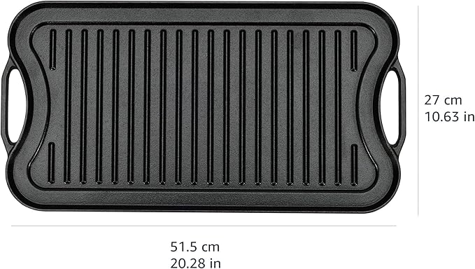 Amazon Basics Pre-Seasoned Cast Iron Reversible Rectangular Grill/Griddle with Even Heat Distribution, Black, 20 x 10.63 x 0.98 inch