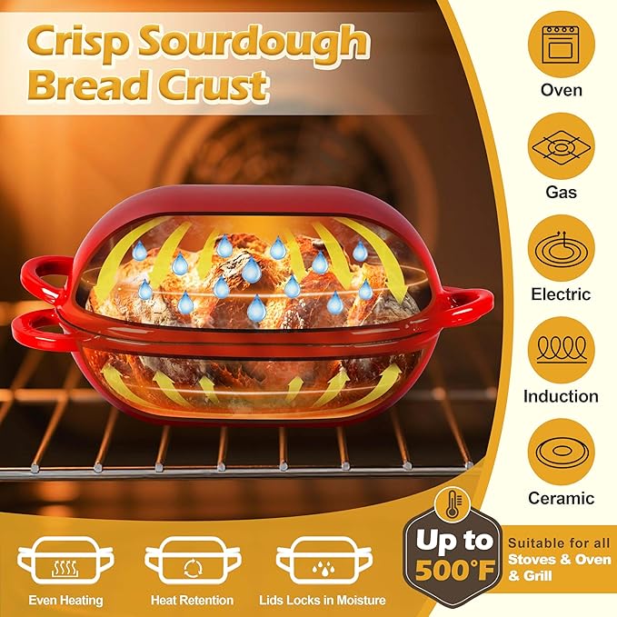 Homikit Enameled Cast Iron Dutch Oven for Bread Baking, 2.8 QT Oval Bread Oven Pot with Lid, 9.5 x 5.7 Inch Sourdough Loaf Baking Pan for Homemade Bread, Heavy Duty & Oven Safe, Red