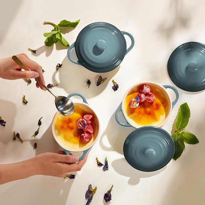 Kook Ceramic Mini Cocotte Set, Small Casserole Dishes with Lids and Handles, Individual Baking Ramekins, Oven safe 500F, Microwave & Dishwasher Safe, Stoneware, 12 oz, Set of 4, (Stone Ombre)
