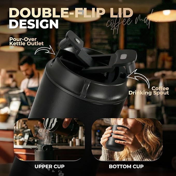 HAUSHOF Portable Coffee Maker, Travel Coffee Maker Battery Operated Small Pour Over Set, Compact Coffee Maker with Electric Grinder & Insulated Mug for Travel, Camping, Car