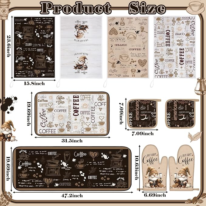 10 Pcs Coffee Kitchen Decor and Accessories Oven Mitts and Pot Holders Set Coffee Dish Towels Rugs Farmhouse Kitchen Decor Vintage Potholder Brown Gloves for Baking Cooking BBQ Women Mom Gift