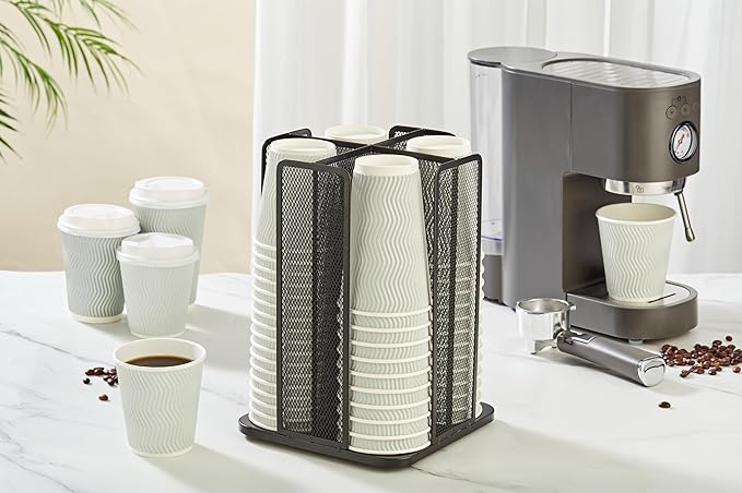 Annova Paper/Plastic Cup and Lid Holder Plastic Storage Organizer, 360°Rotating Coffee Mup Dispenser with 4 Compartments, Multifunctional Storage Rack for Home, Office, Bar, Coffee Shop (Black)