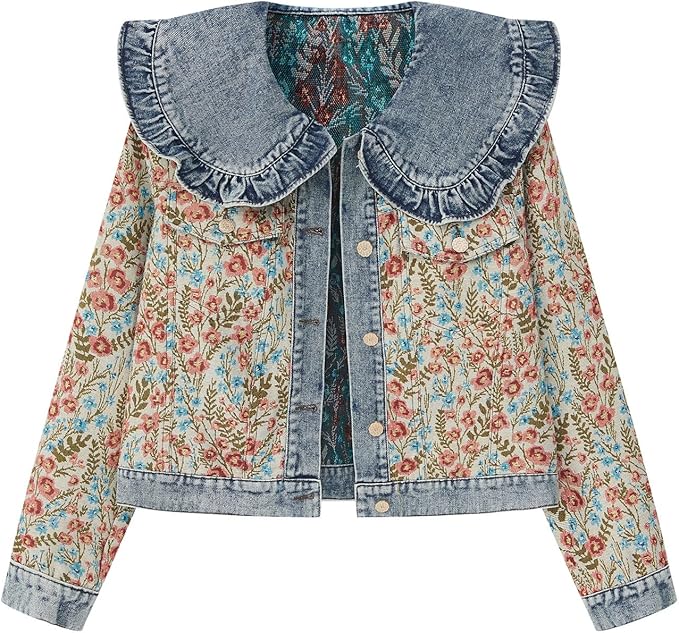 Xaspee Womens Peter Pan Collar Cropped Jean Jacket Embroidered Jacquard Long Sleeve Casual Floral Denim Jackets Coat