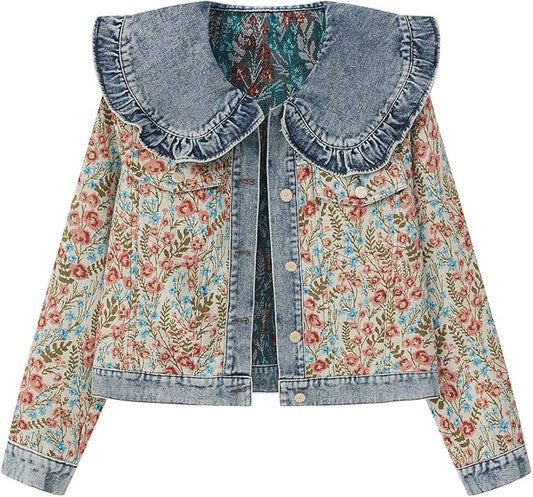 Xaspee Womens Peter Pan Collar Cropped Jean Jacket Embroidered Jacquard Long Sleeve Casual Floral Denim Jackets Coat