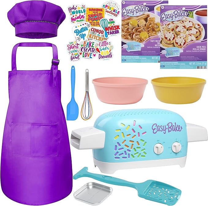Ultimate Easy Baking Oven Bundle For Kids With 20 Items - Oven, 2 Refill Mixes, Apron, Hat, 2 Bowls, Spatula, Whisk, 9 Stickers, Baking Pan & Tool (Phenominal Purple Bundle)