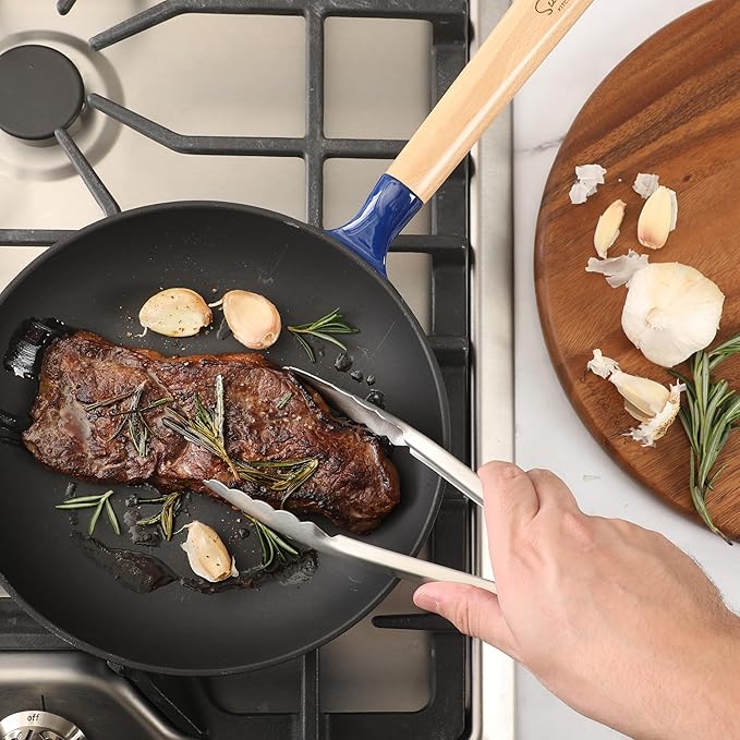 Sur La Table Kitchen Essential Main Canteen 9.5" Pre-Seasoned Cast Iron Skillet w/Wood Handle, Natural Nonstick Lightweight Frying Pan for Searing, Sautéing & Everyday Cooking - Blue