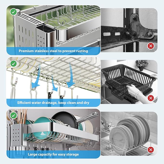 Over The Sink Dish Drainer Drying Rack, 2 Tier Adjustable Width (20.87'' to 37.6'') 304 Stainless Steel Large Over Sink Dish Drying Rack for Kitchen Counter Organizer, (Silver)