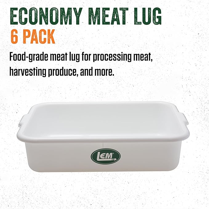 LEM Products Economy Meat Lug, Large Plastic Storage Containers for Meal Prep, High-Density Polyethylene (HDPE), White, 6-Pack