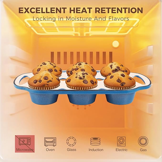 HONGBAKE Everline Collection Enameled Cast Iron Muffin Pan, Non Tocix Naturally Muffin Tin 6, Non Stick Cup Cake Pans for Baking, Oven & Stovetop Safe, Standard Size, 2 Pack, Blue