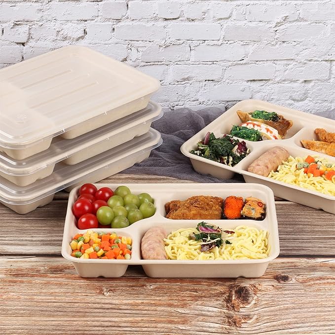40 oz 4 Compartments disposable Sugarcane Fiber plates with Lids Bagasse Plant Fibers Freezer Safe 25 Pack