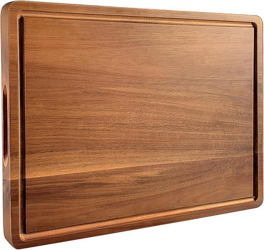 Large Acacia Wood Cutting Board for Kitchen, 17x12 Inch Reversible Wooden Chopping Board Charcuterie Board with Juice Grooves and Handle for Meat, Cheese, Vegetables, Fruits, Bread