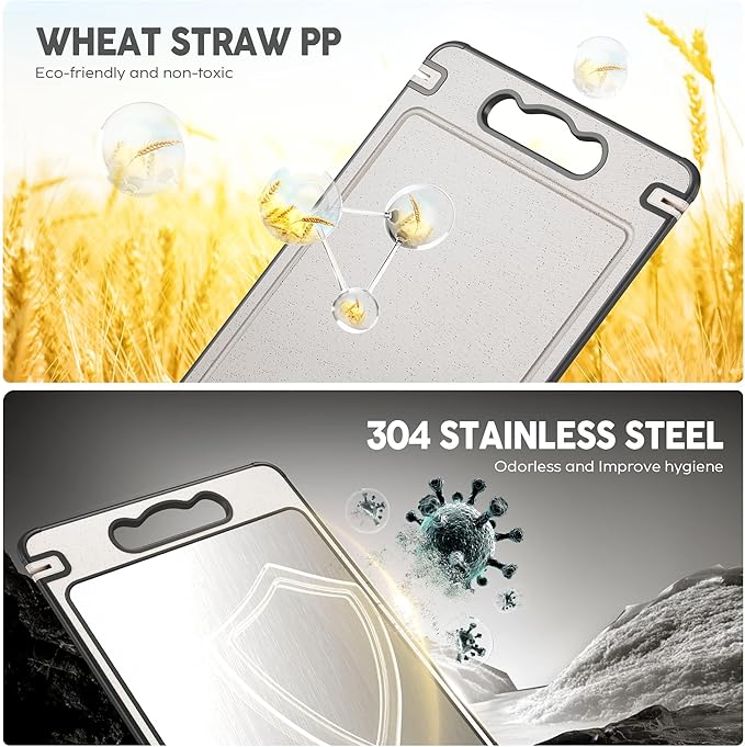 Stainless Steel Cutting Board,2-in-1 Cutiing Board Stainless Steel & Wheat Straw PP,Double Sided Chopping Board for Kitchen,Anti-Slip Silicone Edges,Juice Groove,Dishwasher Safe(Grey,14.4"L*9.8"W)