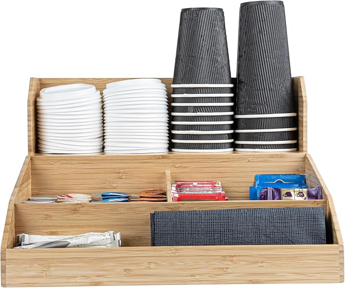 Restaurantware-15 x 14.25 x 9.25 Inch Coffee Condiment Organizer, 1 Countertop Tea Station Organizer - 3 Shelf, Heavy-Duty, Bamboo Coffee Bar Holder, For Breakrooms, Offices, or Homes,