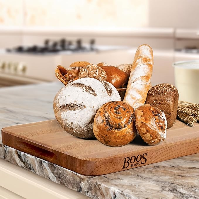 John Boos Chop-N-Slice Series Rectangular Wooden Maple Cutting Board 18”x12” – 1.25” Thick, 8-lb Reversible Butcher Block with Eased Corners, Edge-Grain & Finger Grips – Made in the USA