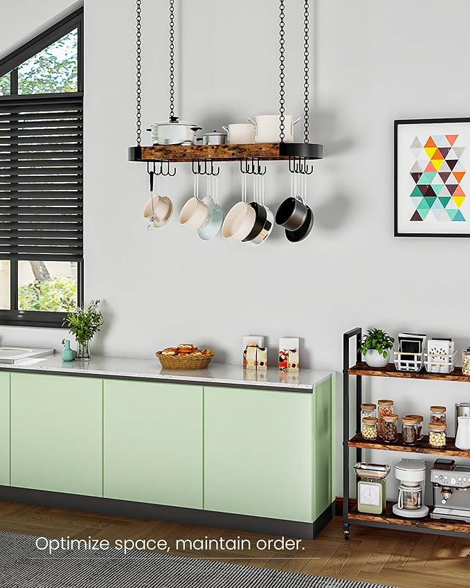 31.7-Inch Hanging Pot Rack, Space-Saving Pot Hanger for Kitchen, Ceiling Pan Hanging Rack with 16 Detachable S Hooks, Sturdy Metal Frame, Industrial Style, Rustic Brown and Black TPR09BF