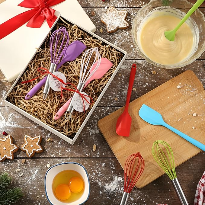 60 Pcs Christmas Baking Tool Gifts Sets Include 8 Inch Silicone Whisk Spatula and Xmas Greeting Cards Ribbon Wired Stainless Steel Whisk Set for Women Men Christmas Stuffers Gift