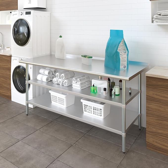 AmGood Stainless Steel Work Table with 1.5" Backsplash and 2 Shelves | Metal Kitchen Food Prep Table | NSF (72" Long x 30" Deep)
