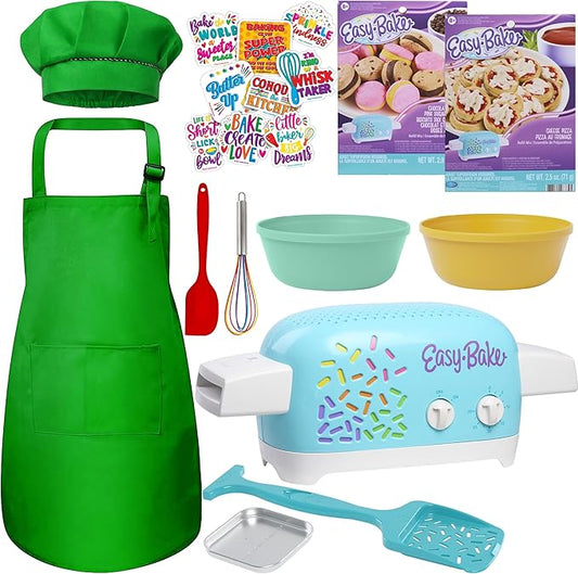 Ultimate Easy Baking Oven Bundle For Kids With 20 Items - Oven, 2 Refill Mixes, Apron, Hat, 2 Bowls, Spatula, Whisk, 9 Stickers, Baking Pan & Tool (Greatest Hero Green Bundle)