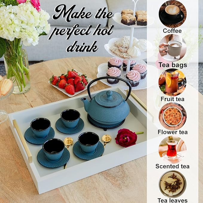 Large 11PC Japanese Tea Set "KONJOU Blue" Cast Iron Tea Pot 26Oz with 4 Tea Cups (2Oz each), 4 Saucers, Leaf Tea Infuser and Trivet. Ceremonial Matcha Accessories