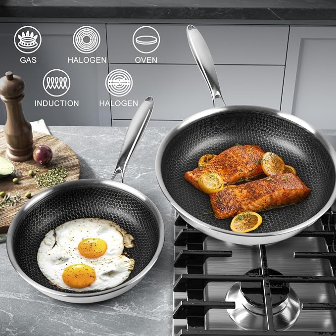 Innerwell Stainless Steel Frying Pan Set with Lid 10" and 12" Nonstick Honeycomb Coatings Skillet Set 2pcs W/Stay Cool Handle,Works Pan for Cooking with Induction Gas Stovetops