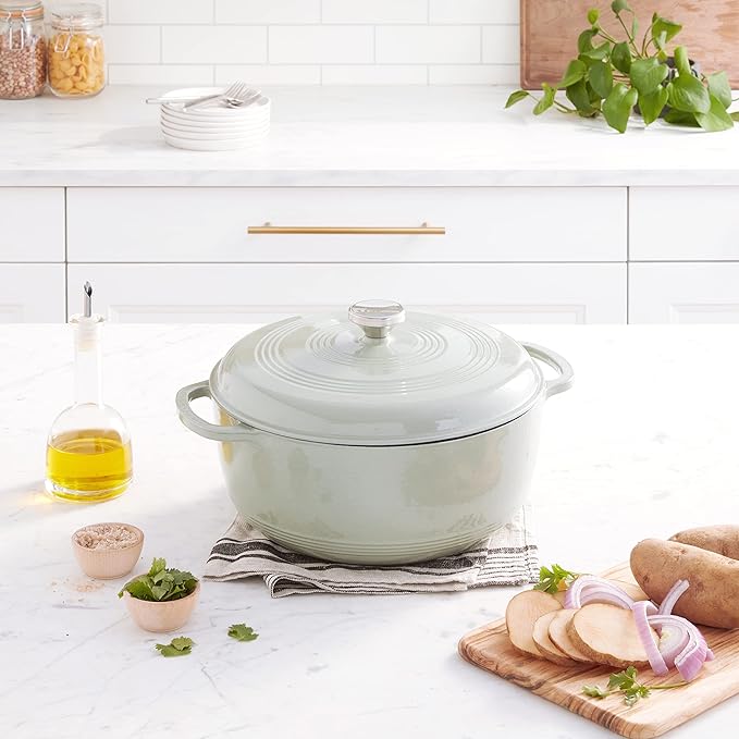 Lodge 7.5 Quart Enameled Cast Iron Dutch Oven with Lid – Dual Handles – Oven Safe up to 500° F or on Stovetop - Use to Marinate, Cook, Bake, Refrigerate and Serve – Desert Sage