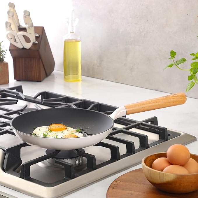 Sur La Table Kitchen Essential Main Canteen 9.5" Pre-Seasoned Cast Iron Skillet w/Wood Handle, Natural Nonstick Lightweight Frying Pan for Searing, Sautéing & Everyday Cooking - Eggshell White