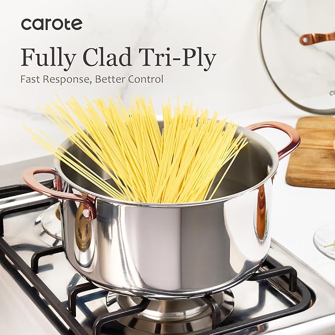 CAROTE 23PCS Tri-Ply Fully Clad Stainless Steel Cookware Set, Pots and Pans Set with Tempered Glass Lids, Induction Compatible, Oven & Dishwasher Safe
