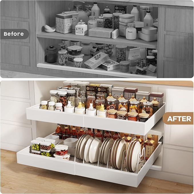 4 Pack Pull out Cabinet Organizer 21" Deep With Raising Pad for Framed Cabinets,Expandable (15.2"-26.3"W) Slide out Drawers for Kitchen Cabinets with 4pcs Divider Racks,Roll out Shelves,White