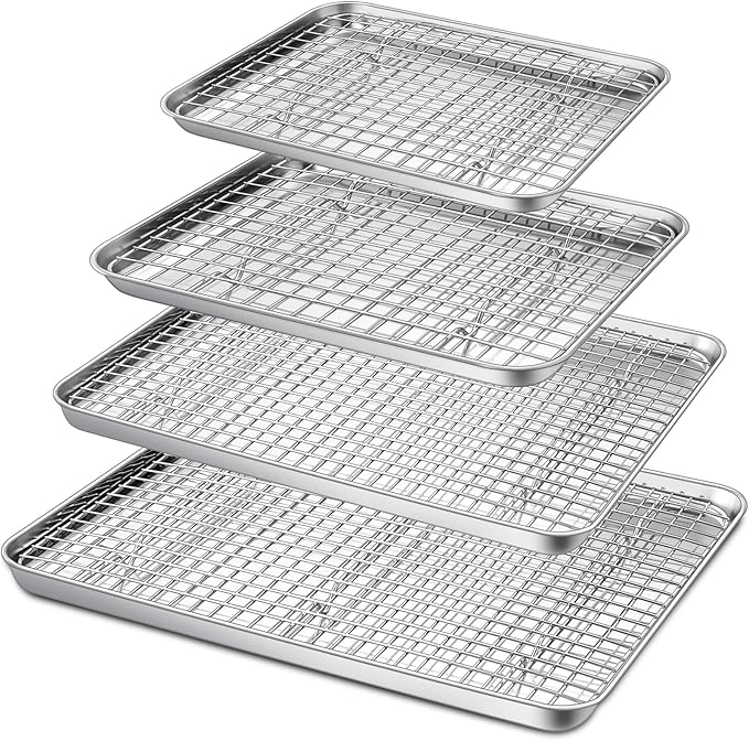 P&P CHEF 16 + 12.5 + 10.4 + 9 Inch Baking Sheet and Rack Set, 8Pcs Stainless Steel Cookie Sheets Oven Baking Pans Trays with Cooling Racks for Cooking, Oven & Dishwasher Safe, Pans with Grid Racks