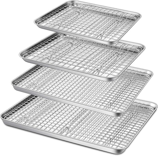P&P CHEF 16 + 12.5 + 10.4 + 9 Inch Baking Sheet and Rack Set, 8Pcs Stainless Steel Cookie Sheets Oven Baking Pans Trays with Cooling Racks for Cooking, Oven & Dishwasher Safe, Pans with Grid Racks