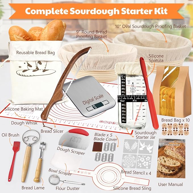 Sourdough Starter Kit with Scale, Banneton Bread Proofing Basket, Sour Dough Starter Jar, Complete Sourdough Bread Baking Supplies Tools, Full Sourdough Bread Making Tool, Gift Set for Bakers Beginner