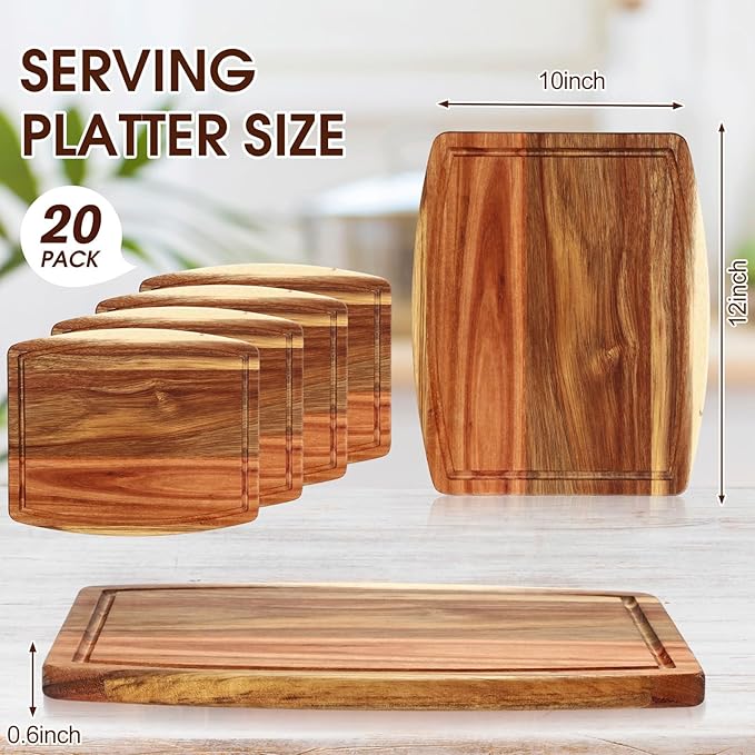 Kigley 20 Pcs Acacia Wood Cutting Boards Bulk for Laser Engraving Wooden Dinner Plates with Groove Chopping Charcuterie Board Carving Tray for Holiday Housewarming Party Gifts (10 x 12 Inch)