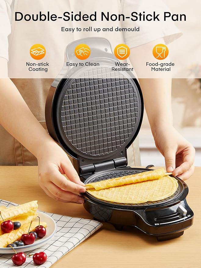 FOHERE Waffle Cone Maker Machine and Ice Cream Bowl Maker with Temperature Control, Double Side Nonstick Waffle Bowl Maker with Cone Roller, 7.5” Thin Waffle Maker for Home Kitchen (Black)