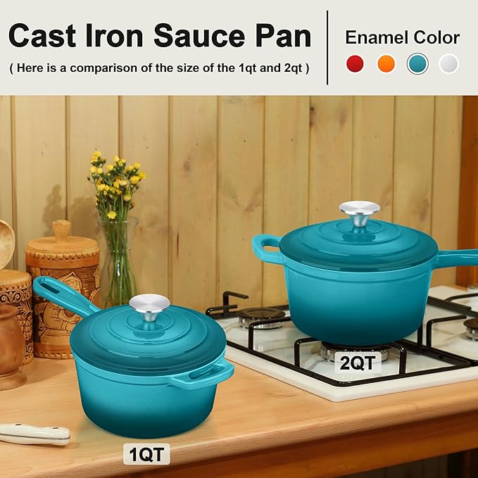 1 Qt & 2 Qt Sauce Pan Sets, Leonyo Enameled Cast Iron Sauce Pan with Lid, Small Saucepan Cast Iron Dutch Oven Kitchen Cookware for All Cooktops Cooking Pasta, Milk, Oatmeal - Up to 500°F, Lake Green