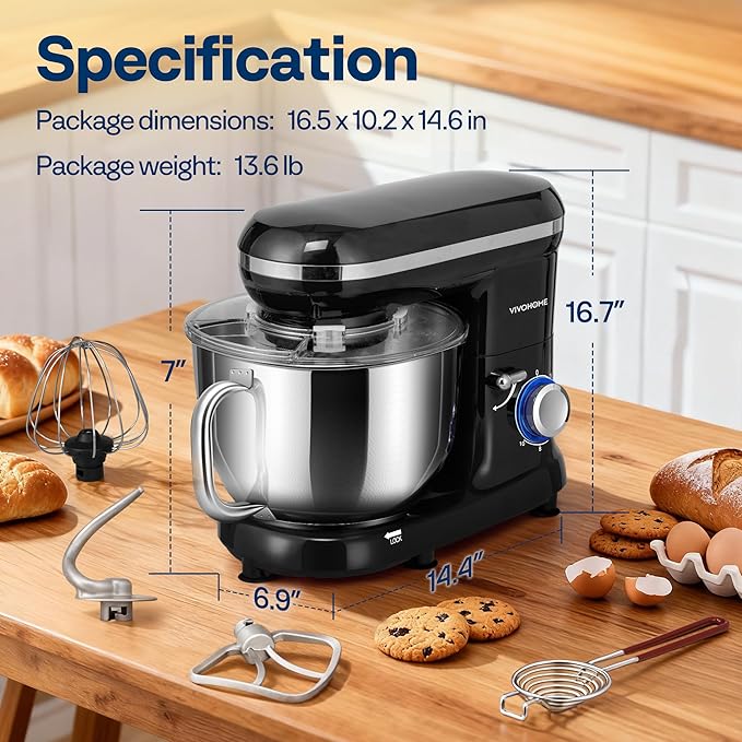 VIVOHOME Stand Mixer, 660W 10 Speed 6 Quart Tilt-Head Kitchen Electric Food Mixer with Beater, Dough Hook, Wire Whip and Egg Separator, Black