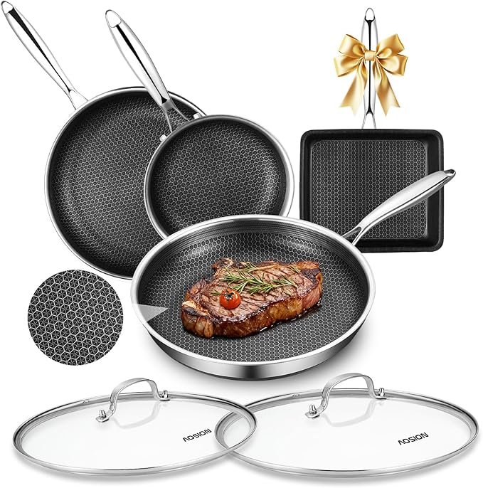 AOSION Nonstick Frying Pans Set,Hybrid Skillets Set with Lid(8+10+9+12inch), Hybrid Stainless Steel Frying Pans Set of 3 for Cooking,PFAS/PFOA Free Cookware Sets,Induction Compatible.