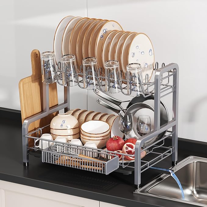2 Tier Dish Drainers Drying Rack for Kitchen Counter Large Stainless Steel Dishes Drain with Drainboard, Space Saving, Big Modern Silver Countertop Metal Plates Dryer Strainer Holder and Extra Tray