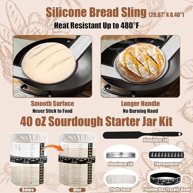 Sourdough Starter Kit, Sourdough Bread Baking Supplies with 40oz Jar, 10" & 11" Cotton Banneton Proofing Baskets Set - Artisan Bread Tools, Silicone Sling for Homemade Sourdough Baking