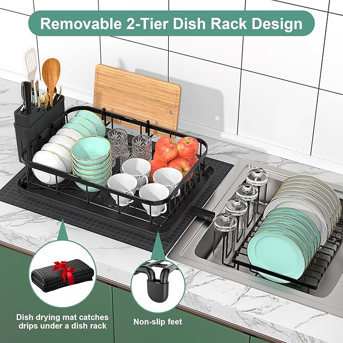 2 Tier Dish Drying Rack with Drainboard, Large Dish Organizer and Strainer Set for Kitchen Counter with Mat, Wine Glass Holder and Utensil Holder