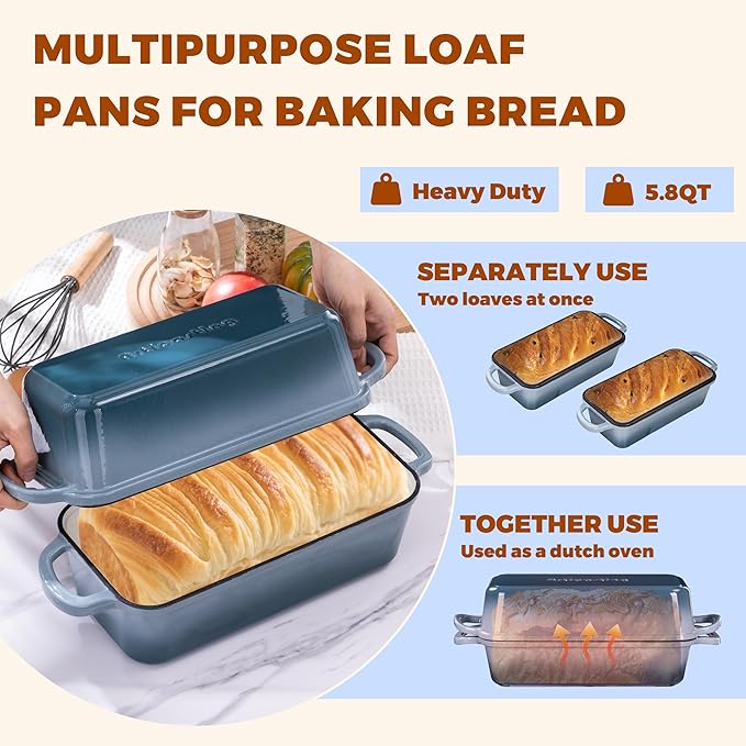 11x5 Inch Cast Iron Loaf Pan With Lid, 5.8 Qt Large Loaf Pans for Sourdough Bread Baking, Heavy Duty Dutch Oven Bread Pan For a Crispy Crust, Seasalt