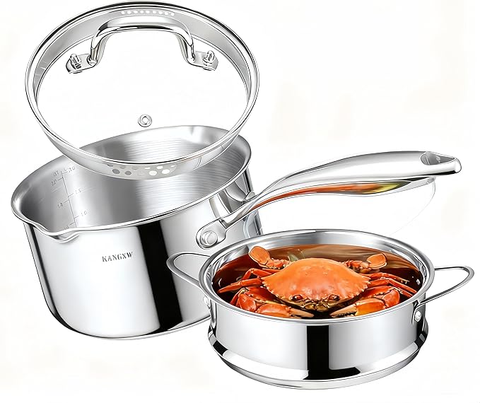 KANGXW 4.0 Quart Stainless Steel Saucepan With steamer,With Pour Spout and Filter Glass Lid Milk Pan, Sauce, Gravy, Pasta Stock Pot For All Stovetops