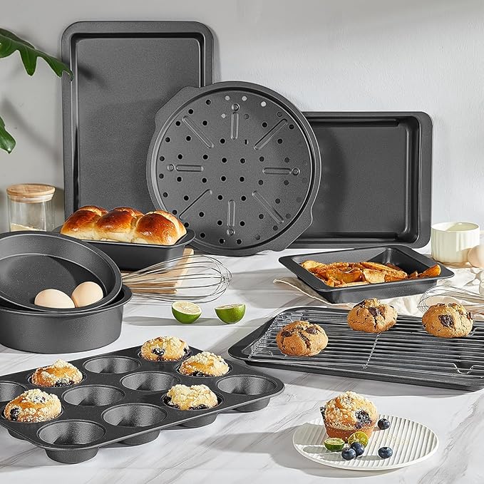 HONGBAKE Bakeware Sets, Baking Pans Set with Reusable Silicone Sheet Trays Dividers, Nonstick Oven Pan with Wider Grips, 14-Piece Including Rack, Cookie Sheet, Cake, Loaf, Muffin, Pizza Pan