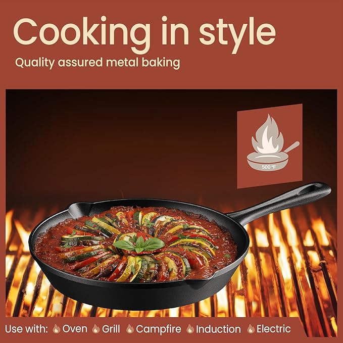 Bakken 10" Cast Iron Skillets, Pre-Seasoned Frying Pan with Even Heat Retention Cooking, Versatile for Stove, Oven, Grill & Campfire, Easy-Grip Handles, Hand Wash Only, 4.41 lbs
