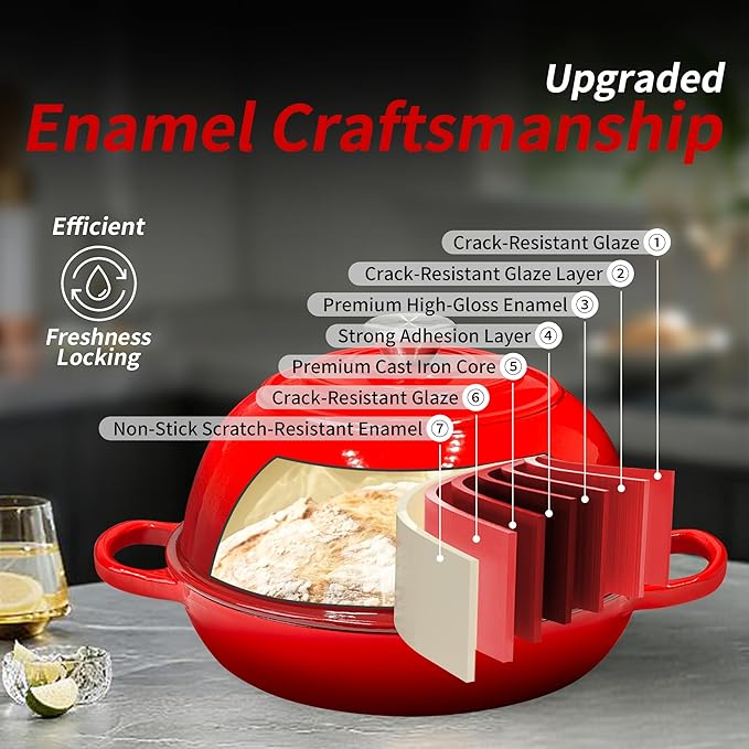 Bread Dutch Oven for Sourdough Bread Baking – Cast Iron Dutch Oven Pot with Lid, Enameled Bread Baker, 6 Quart/26cm Red