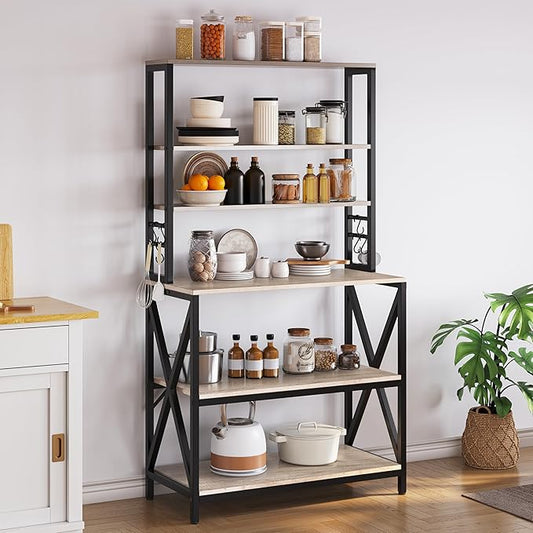 Yaheetech 6-Tier Kitchen Bakers Rack, 31.5 Inch Coffee Bar Table, Farmhouse Microwave Oven Stand Cabinet for Small Spaces, Corner Organizer Storage Shelf for Spices and Pots, Grey