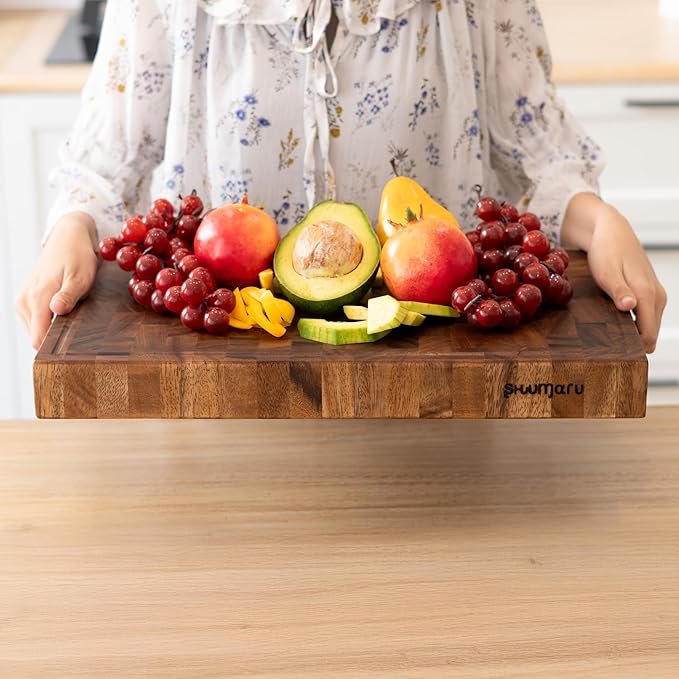 SHUMARU Tropical Walnut End-Grain Wood Cutting Board – 19X12X12" Butcher Block | Handmade in Bali - Silky-Smooth, Juice Groove, Knife‑Friendly, Ergonomic Grips & Non‑Slip Feet