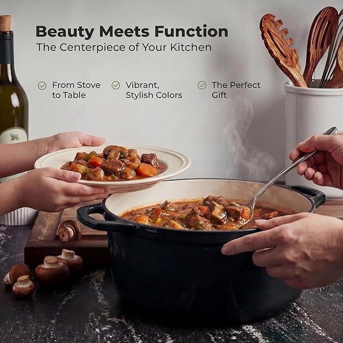 Zulay Kitchen 6.4 Quart Enameled Cast Iron Dutch Oven Pot with Lid – Premium Durability & Oven Safe up to 500°F – Heavy Duty Cookware Perfect for Bread Baking, Stews, Braising & Roasting - Black